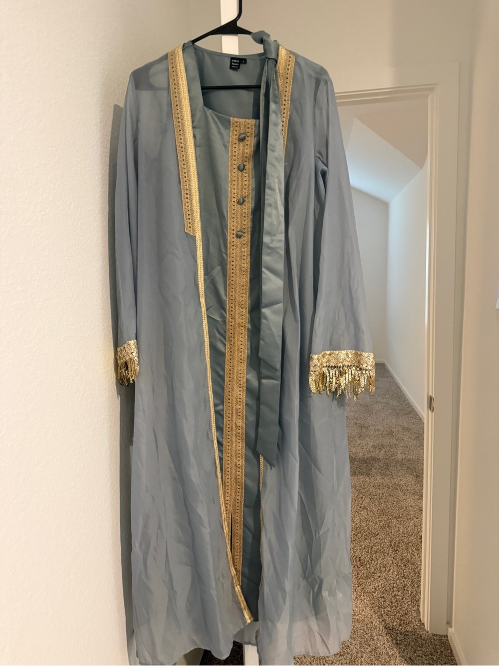 Dusty Blue Gold Trim Modest Kaftan Abaya Maxi